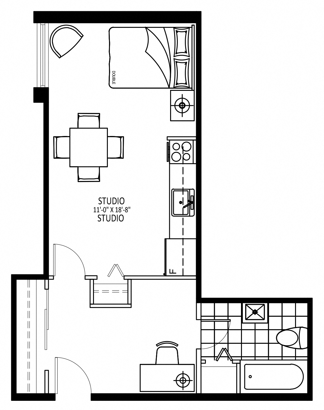 Floor plan for studio, 1 bath, 400 sqft